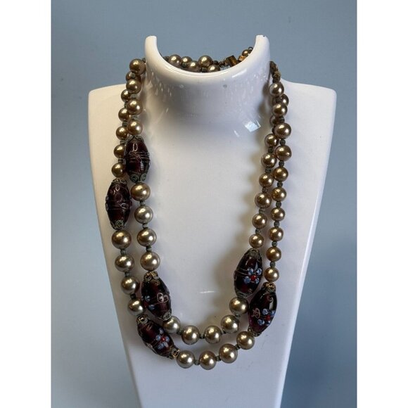 Vintage Japan Cultured Pearl Necklace With Glass Lampwork Beads 16" Elegant Jewe - Picture 3 of 11